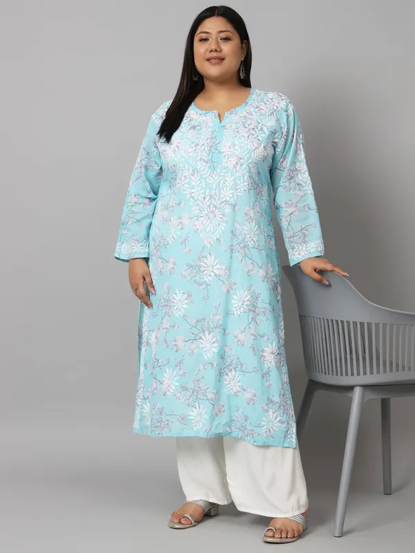 Sky_Blue_Chikankari_Hand_Embroidered_Kurta_Plus_Size_Mulmul_Cotton