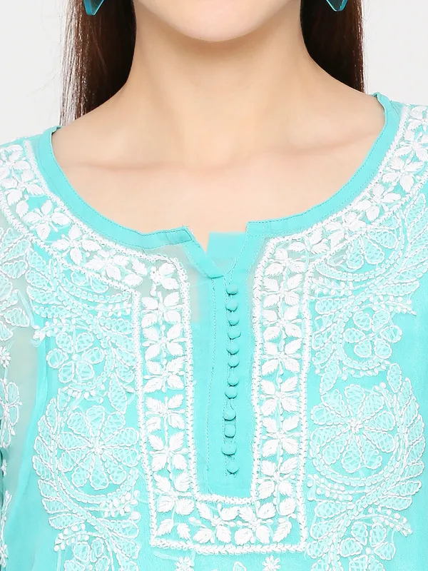 Sea_Blue_Lucknowi_Chikankari_Hand_Embroidered_Long_Kurti_Palazzo_Set_With_Matching_Inner_Georgette