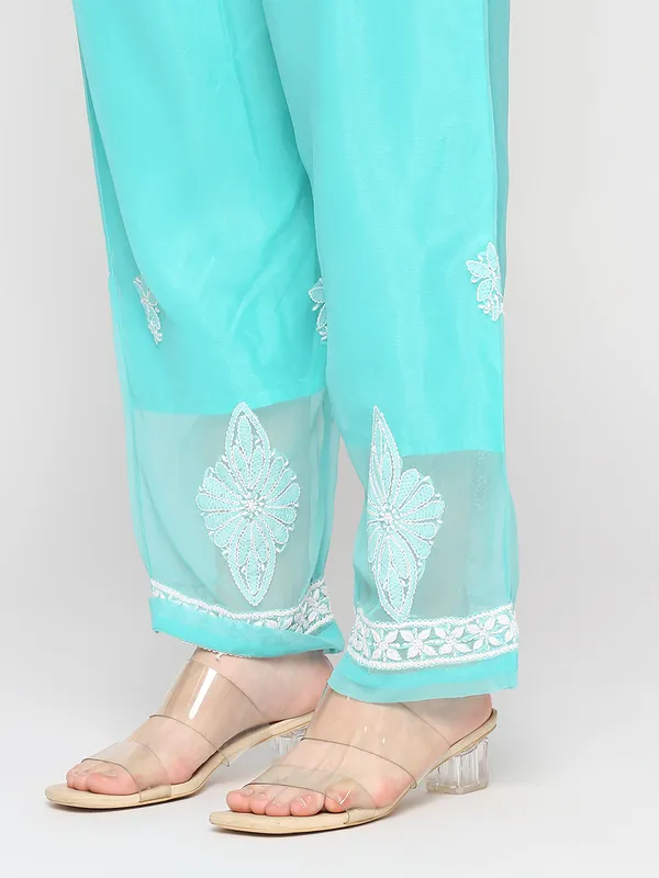 Sea_Blue_Lucknowi_Chikankari_Hand_Embroidered_Long_Kurti_Palazzo_Set_With_Matching_Inner_Georgette