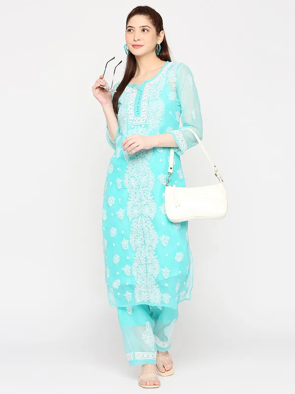 Sea_Blue_Lucknowi_Chikankari_Hand_Embroidered_Long_Kurti_Palazzo_Set_With_Matching_Inner_Georgette