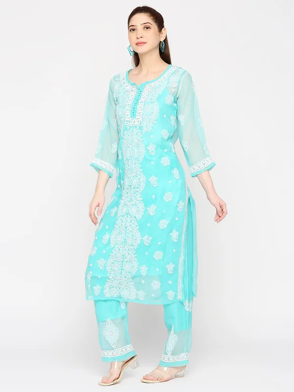 Sea_Blue_Lucknowi_Chikankari_Hand_Embroidered_Long_Kurti_Palazzo_Set_With_Matching_Inner_Georgette