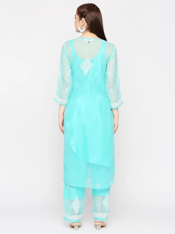 Sea_Blue_Lucknowi_Chikankari_Hand_Embroidered_Long_Kurti_Palazzo_Set_With_Matching_Inner_Georgette