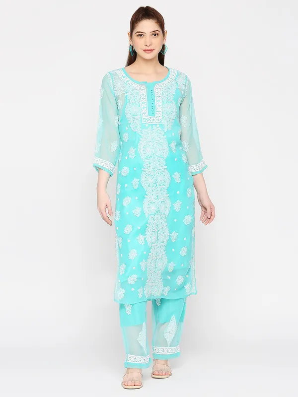 Sea_Blue_Lucknowi_Chikankari_Hand_Embroidered_Long_Kurti_Palazzo_Set_With_Matching_Inner_Georgette