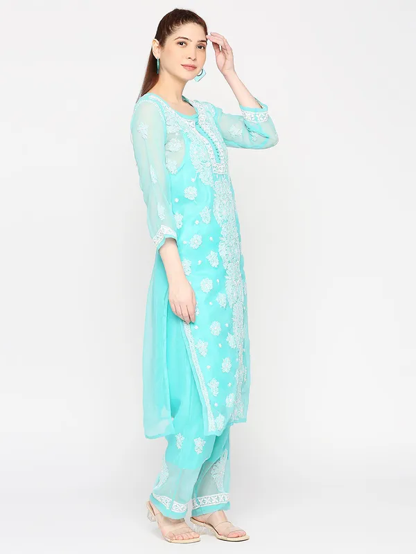 Sea_Blue_Lucknowi_Chikankari_Hand_Embroidered_Long_Kurti_Palazzo_Set_With_Matching_Inner_Georgette
