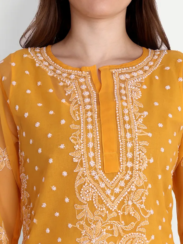 Mustard_Lucknow_Chikankari_Hand_Embroidered_Kurta_With_Matching_Slip_Georgette