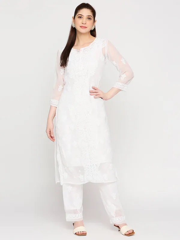 Pristine_White_Lucknowi_Chikankari_Hand_Embroidered_Long_Kurti_Palazzo_Set_With_Matching_Inner_Georgette