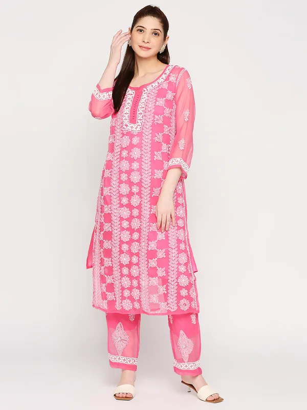 Fuchsia_Pink_Lucknowi_Chikankari_Hand_Embroidered_Long_Kurti_Palazzo_Set_With_Matching_Inner_Georgette