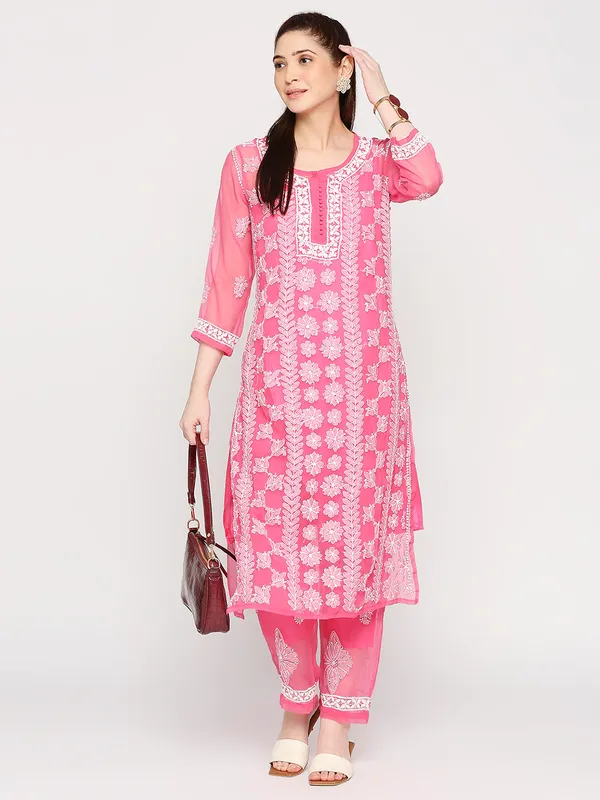 Fuchsia_Pink_Lucknowi_Chikankari_Hand_Embroidered_Long_Kurti_Palazzo_Set_With_Matching_Inner_Georgette