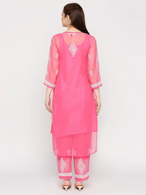 Fuchsia_Pink_Lucknowi_Chikankari_Hand_Embroidered_Long_Kurti_Palazzo_Set_With_Matching_Inner_Georgette