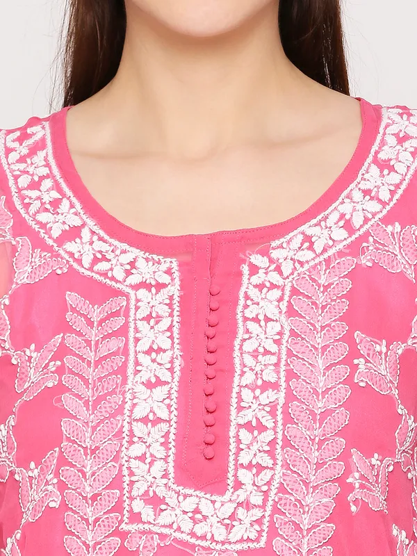 Fuchsia_Pink_Lucknowi_Chikankari_Hand_Embroidered_Long_Kurti_Palazzo_Set_With_Matching_Inner_Georgette