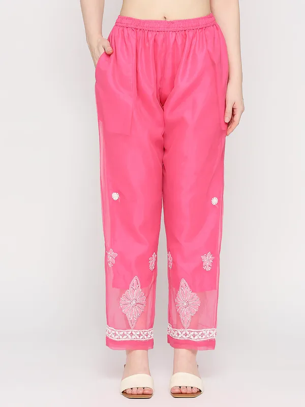 Fuchsia_Pink_Lucknowi_Chikankari_Hand_Embroidered_Long_Kurti_Palazzo_Set_With_Matching_Inner_Georgette