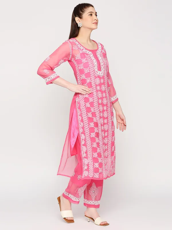 Fuchsia_Pink_Lucknowi_Chikankari_Hand_Embroidered_Long_Kurti_Palazzo_Set_With_Matching_Inner_Georgette