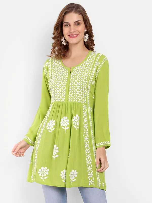 Lime_green_Lucknow_Chikankari_Hand_Embroidered_Kurti_Cotton