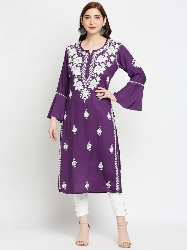 Wine_Lucknow_Chikankari_Cotton_Long_Kurti_Hand_Embroidered_Bell_Sleeve_Kurta_Cotton