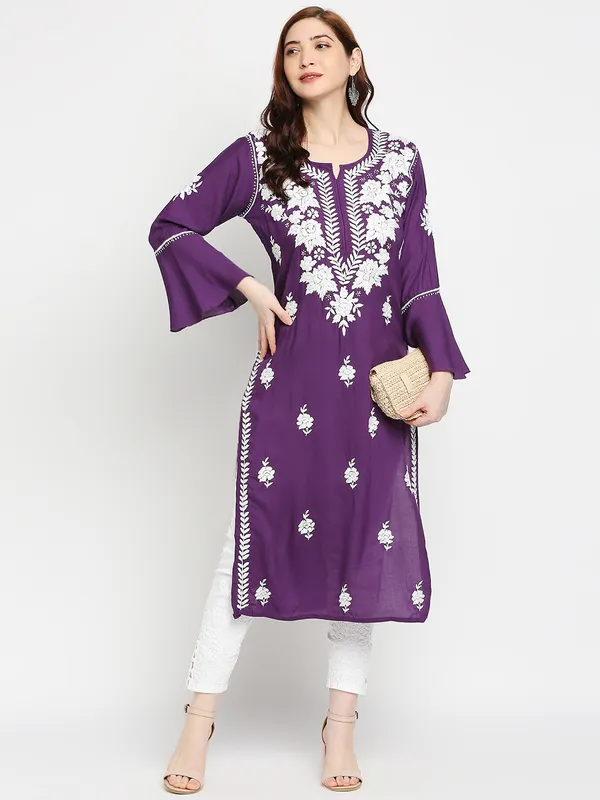 Wine_Lucknow_Chikankari_Cotton_Long_Kurti_Hand_Embroidered_Bell_Sleeve_Kurta_Cotton