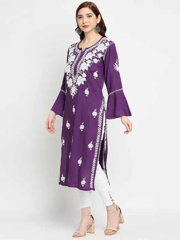 Wine_Lucknow_Chikankari_Cotton_Long_Kurti_Hand_Embroidered_Bell_Sleeve_Kurta_Cotton
