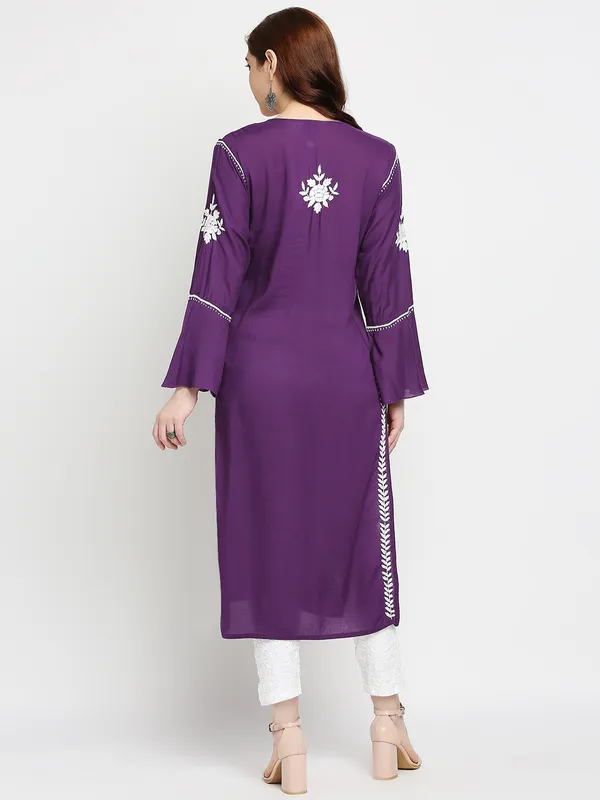 Wine_Lucknow_Chikankari_Cotton_Long_Kurti_Hand_Embroidered_Bell_Sleeve_Kurta_Cotton