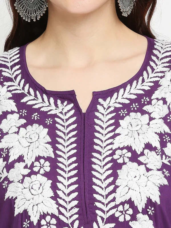 Wine_Lucknow_Chikankari_Cotton_Long_Kurti_Hand_Embroidered_Bell_Sleeve_Kurta_Cotton