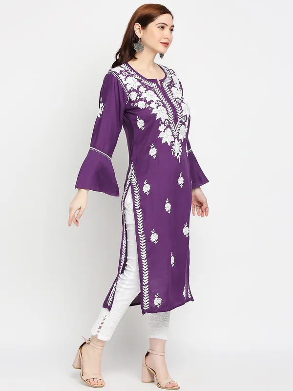 Wine_Lucknow_Chikankari_Cotton_Long_Kurti_Hand_Embroidered_Bell_Sleeve_Kurta_Cotton