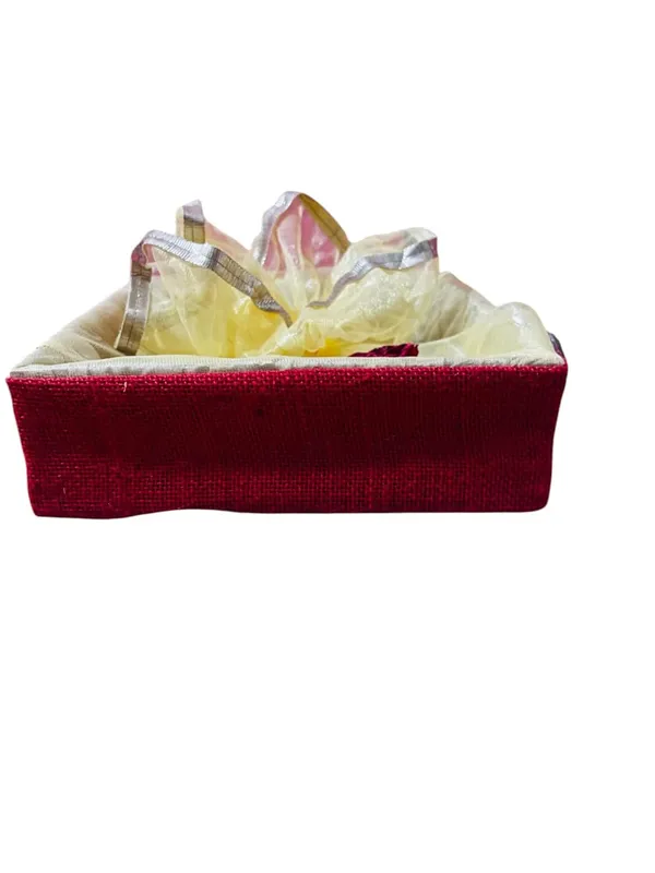 Eco-Friendly_Jute_Gift_Hamper_Basket_Tray_Handcrafted_Corporate_Gift_Box_Wedding/Event_Including_With_Net_Decoration_Natural_Jute_Red_(Size-30X30X7.6)