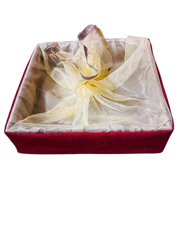Eco-Friendly_Jute_Gift_Hamper_Basket_Tray_Handcrafted_Corporate_Gift_Box_Wedding/Event_Including_With_Net_Decoration_Natural_Jute_Red_(Size-30X30X7.6)