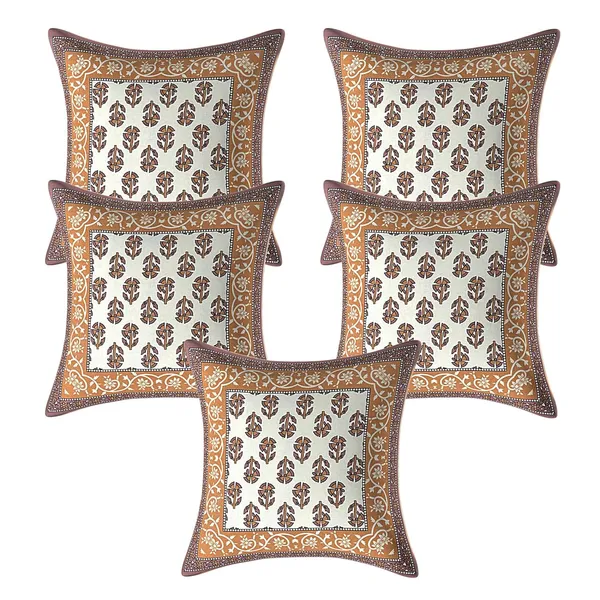Brown__Veda_Cream_Flora_Print_100%_Pure_Cotton_Cushion_Cover_Set_Of_5_,_Decorative_Covers_For_Sofa,Bedroom,Living_Room_(16_*_16)