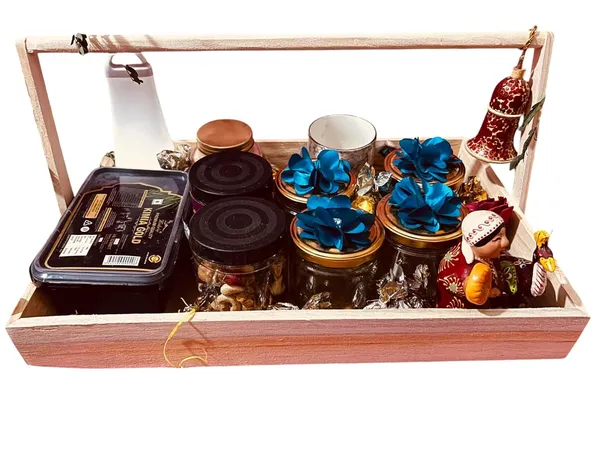 Pine_Wood_Gift_Hamper_Pinewood_Basket_With_Handle_Holiday_Christmas_Gifting_Tray_Pinewood_Basket_With_Mdf_Base_With_Decoration_Net_&_Decoration_Flower_(46X30X6_Cm)_46x30x6_CM