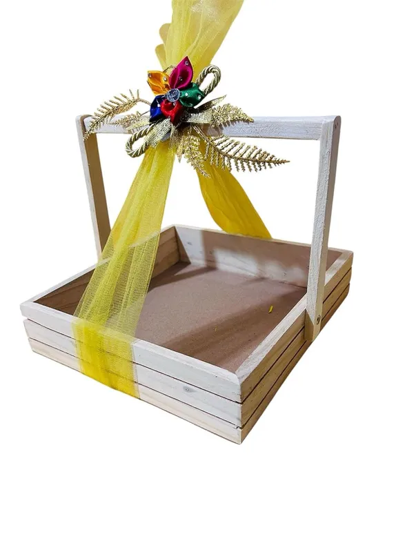 Small_Size_Pine_Wood_Empty_Gift_Hamper_Basket_Mdf_Base._8X8X2.5"_Inches_(20X20X5.7_Cm)_With_Net_And_Oranza_Flower_(20x20x6_CM)