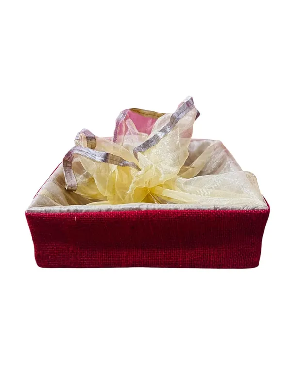 Eco-Friendly_Jute_Gift_Hamper_Basket_Tray_Handcrafted_Corporate_Gift_Box_Wedding/Event_Including_With_Net_Decoration_Natural_Jute_Red_(Size-25X25X7.6)