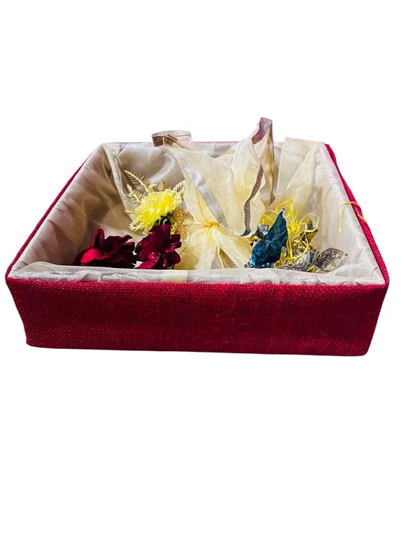 Eco-Friendly_Jute_Gift_Hamper_Basket_Tray_Handcrafted_Corporate_Gift_Box_Wedding/Event_Including_With_Net_Decoration_Natural_Jute_Red_(Size-25X25X7.6)