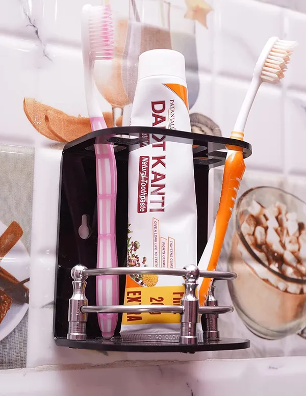 Black_Wall_Mounted_Self_Adhesive_Acrylic_Toothbrush/Toothpaste_Holder_(_11.5_Cm_X_10.5_Cm_X_6_Cm_)