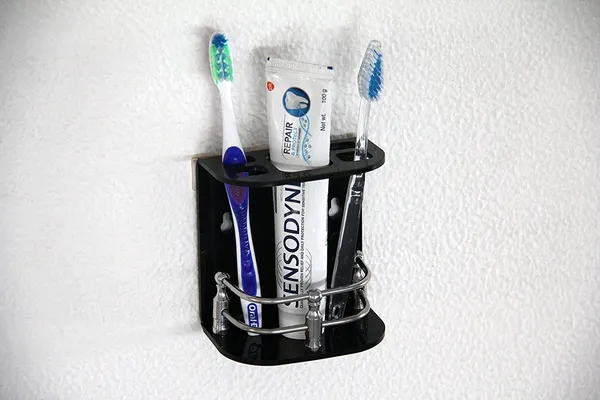 Black_Wall_Mounted_Self_Adhesive_Acrylic_Toothbrush/Toothpaste_Holder_(_11.5_Cm_X_10.5_Cm_X_6_Cm_)