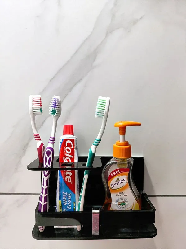 Black_Wall_Mounted_Self_Adhesive_Acrylic_Toothbrush/Toothpaste_Holder_(_11.5_Cm_X_10.5_Cm_X_6_Cm_)