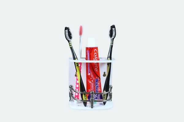 White_Wall_Mounted_Self_Adhesive_Acrylic_Toothbrush/Toothpaste_Holder_(_11.5_Cm_X_10.5_Cm_X_6_Cm_)