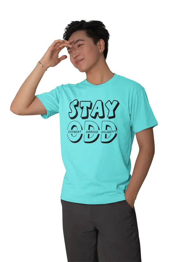 Cyan_Blue_'Stay_ODD'___Regular_Fit_Printed_Cotton_T-Shirt_for_Men_and_Women