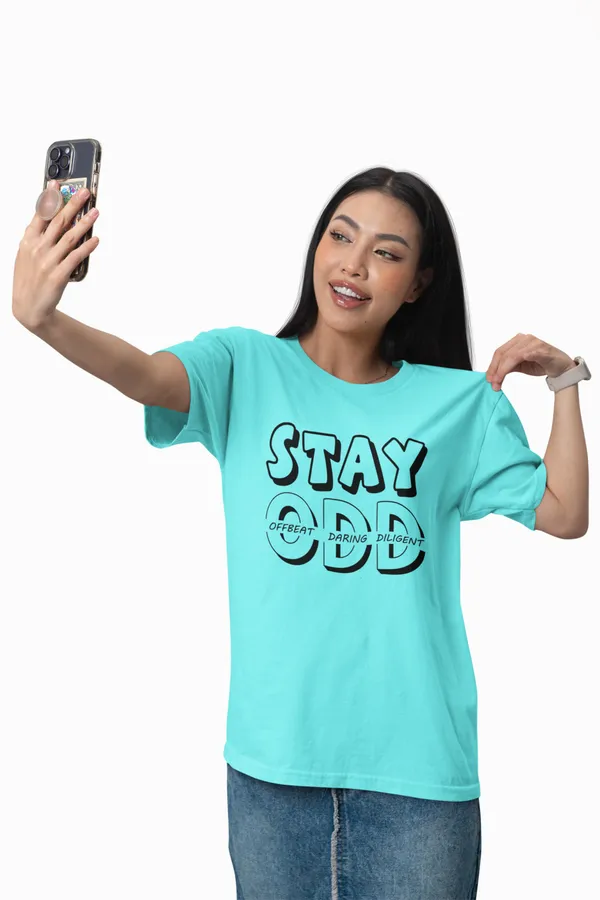 Cyan_Blue_'Stay_ODD'___Regular_Fit_Printed_Cotton_T-Shirt_for_Men_and_Women