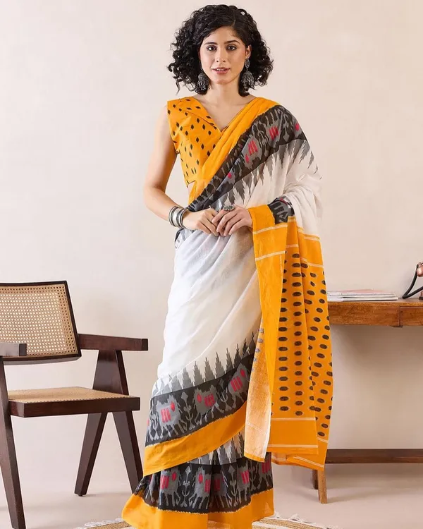 White_And_Yellow_Color_Mulmul_Cotton_1_-_Minute_Ready_to_Wear_Saree_with_Pocket_and_Blouse_Piece