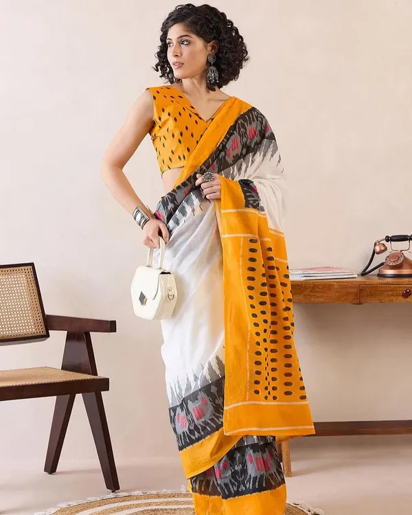 White_And_Yellow_Color_Mulmul_Cotton_1_-_Minute_Ready_to_Wear_Saree_with_Pocket_and_Blouse_Piece
