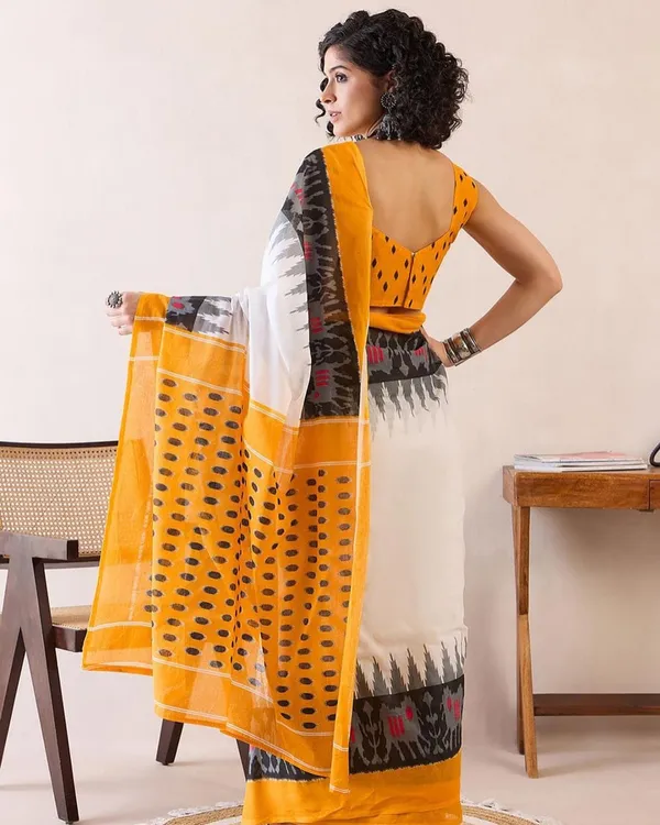White_And_Yellow_Color_Mulmul_Cotton_1_-_Minute_Ready_to_Wear_Saree_with_Pocket_and_Blouse_Piece