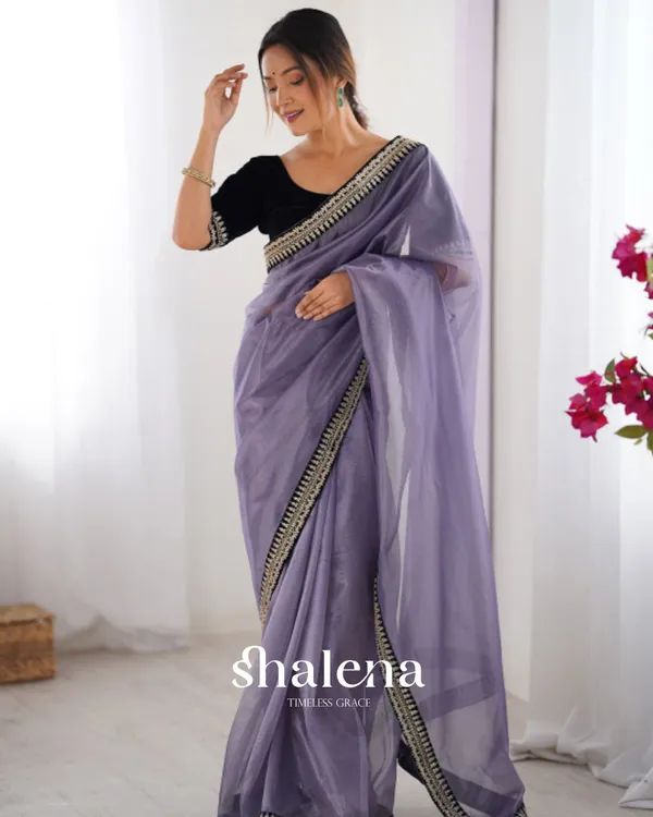Flattering_Lavender_Twill_Net_Embroidery_Work_Saree_With_Velvet_Blouse_Piece