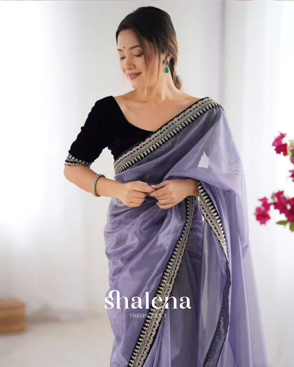 Flattering_Lavender_Twill_Net_Embroidery_Work_Saree_With_Velvet_Blouse_Piece