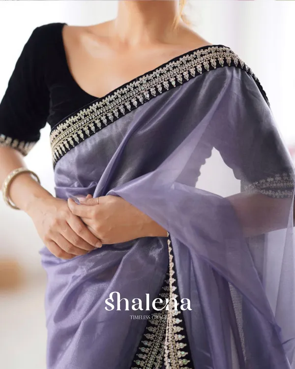 Flattering_Lavender_Twill_Net_Embroidery_Work_Saree_With_Velvet_Blouse_Piece