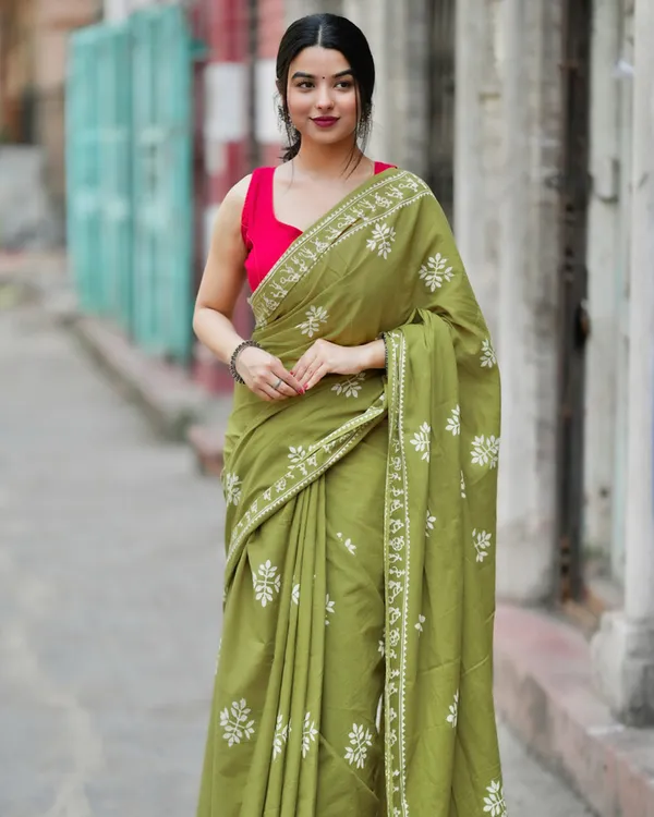 Green_Color_Mulmul_Cotton_1_-_Minute_Ready_to_Wear_Saree_with_Pocket_and__Blouse_Piece