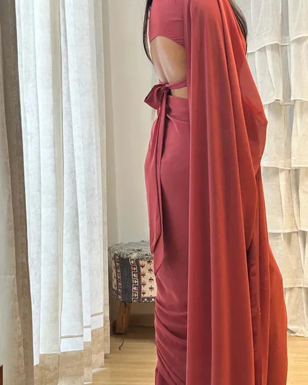 Marron_Color_1-Minute_Ready_To_Wear_Georgette_Saree_With_Blouse_Piece