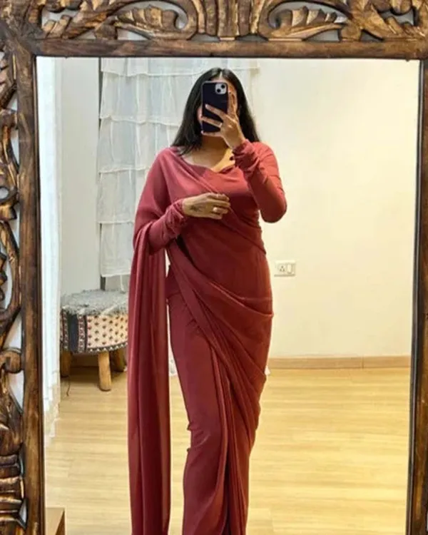 Marron_Color_1-Minute_Ready_To_Wear_Georgette_Saree_With_Blouse_Piece