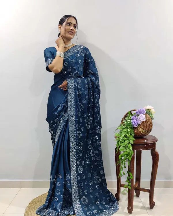 Bottle_blue_Color_1_-_Minute_Ready_to_Wear_Chiffon_Satin_Saree_with_Unstitch_Blouse_Piece