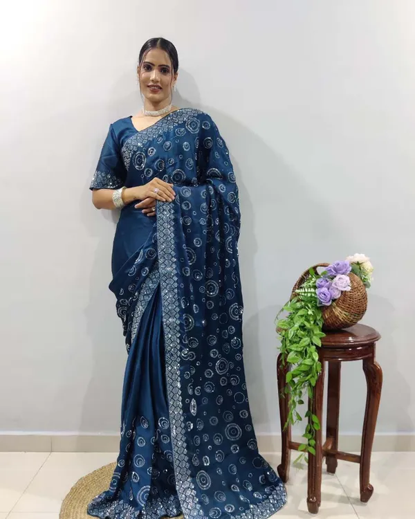 Bottle_blue_Color_1_-_Minute_Ready_to_Wear_Chiffon_Satin_Saree_with_Unstitch_Blouse_Piece