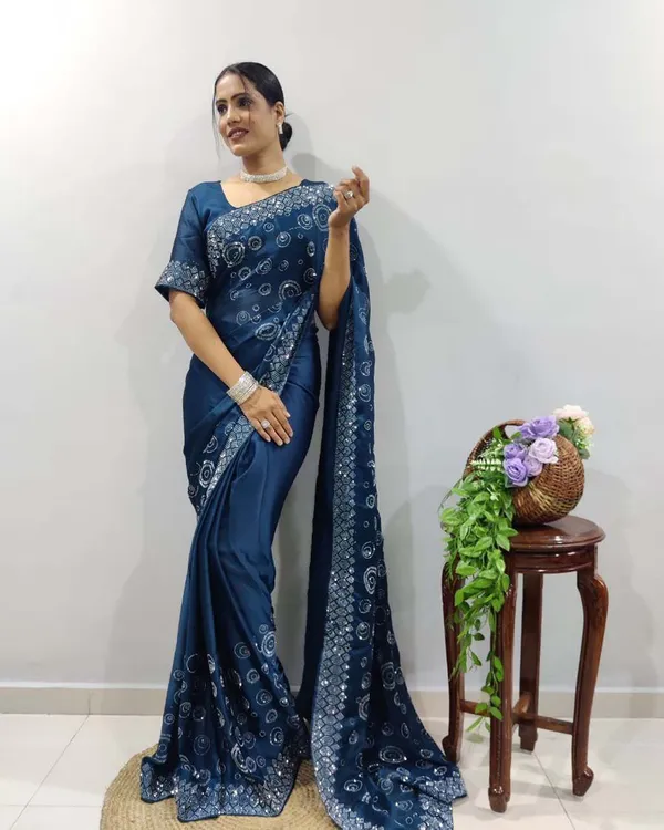 Bottle_blue_Color_1_-_Minute_Ready_to_Wear_Chiffon_Satin_Saree_with_Unstitch_Blouse_Piece