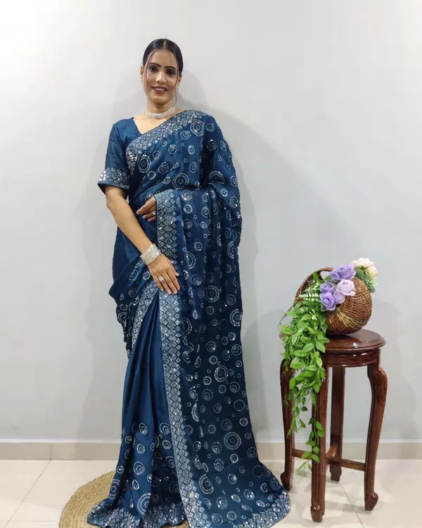 Bottle_blue_Color_1_-_Minute_Ready_to_Wear_Chiffon_Satin_Saree_with_Unstitch_Blouse_Piece