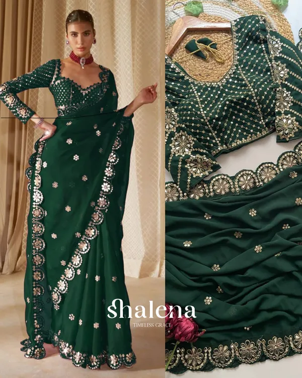 Entrancing_Dark_Green_Embroidery_Work_Soft_Georgette_Silk_Saree_With_Serendipity_Full_Stitched_Blouse